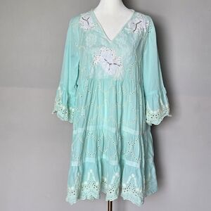 Marila Mint Green Embroidered Eyelet Sequin Dress India Boho Babydoll Tiered M